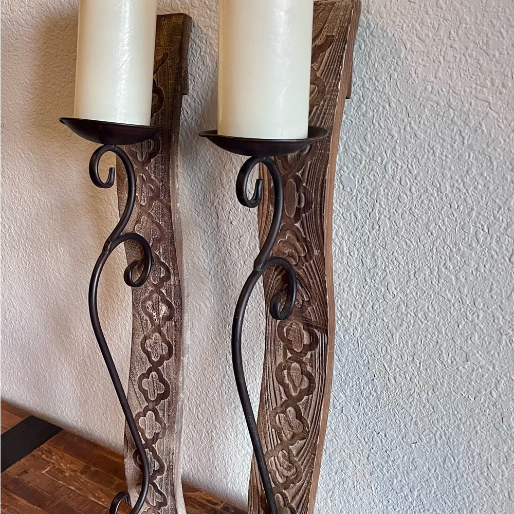 Wooden and Iron Scroll Wall Sconce Candle Holders with flameless candles